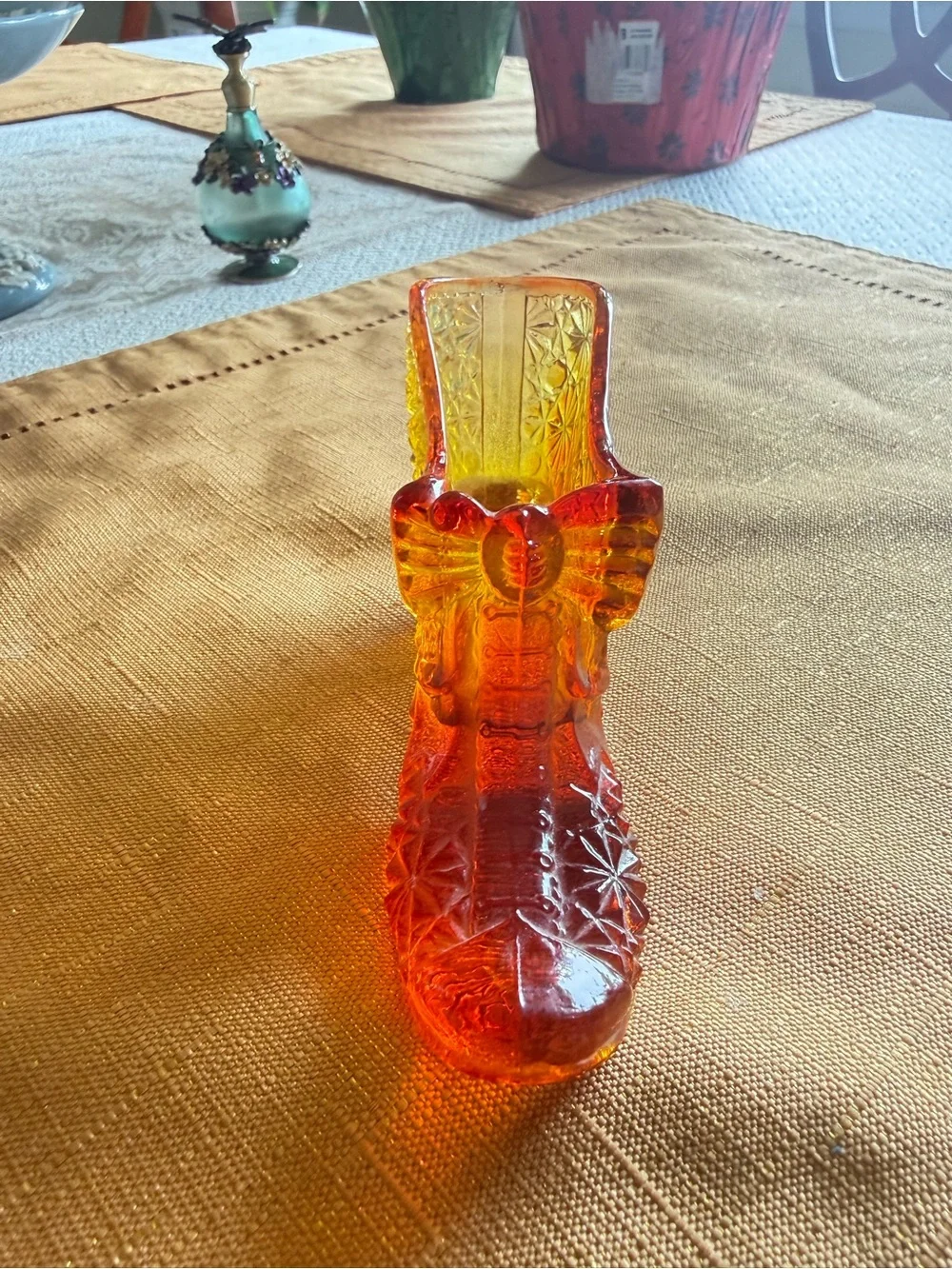 Amber to Red Pressed Glass Shoe Decorative Accent
